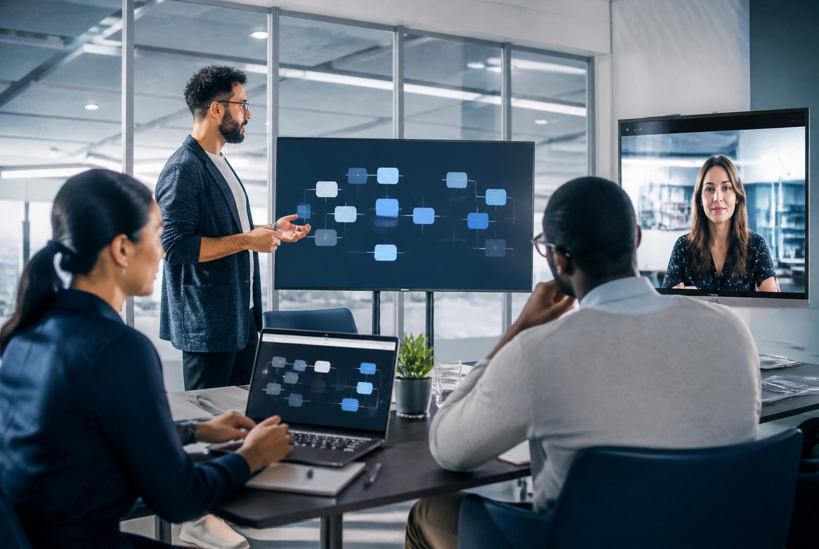 International specialists collaborating in a connected office